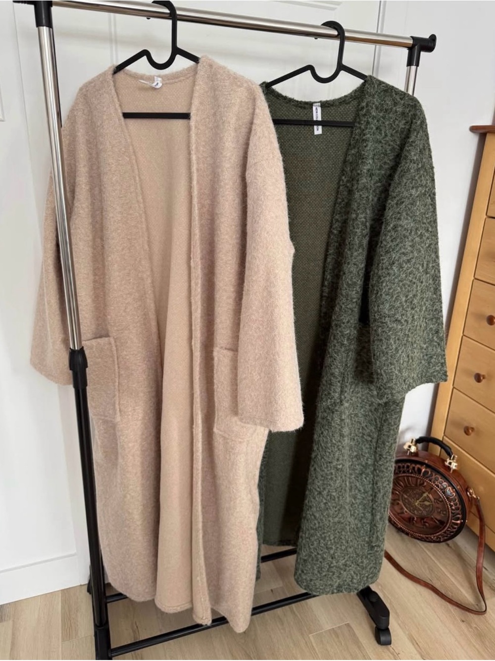 Cozy Open-Front Long Cardigan Sweater - Beige and Olive - Set of 2
